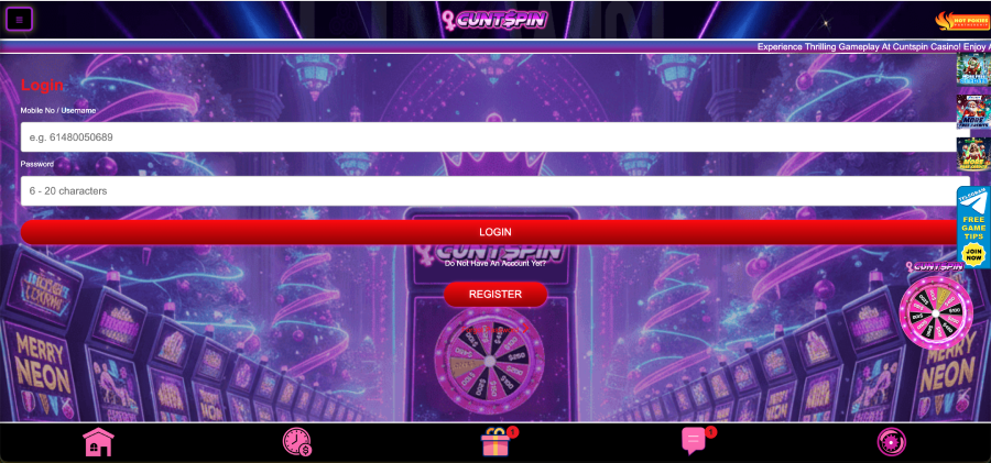 Cuntspin casino login screen with mobile number and password fields